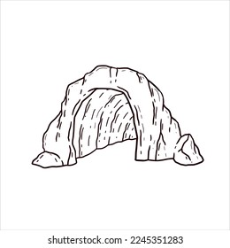 Entrance to cave. Stone mountain with underground dungeon. Hand drawn cartoon illustration. Natural scene