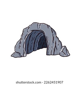 Entrance to cave. Stone mountain with underground dungeon. Hand drawn cartoon illustration. Natural scene