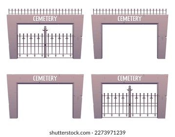 Entrance to the cemetery, steel and stone gates in cartoon style. Vector illustration isolated on white