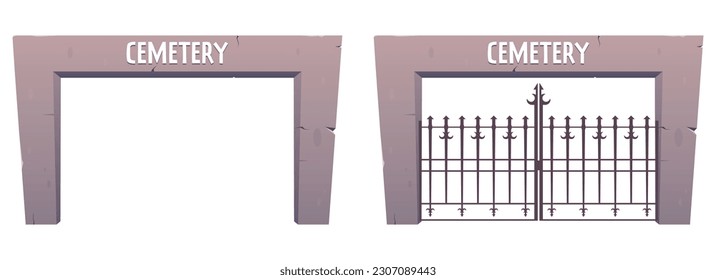 Eingang zum Friedhof, zu Stahl- und Steintore im Cartoon-Stil. Vektorgrafik einzeln auf Weiß