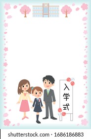 Entrance ceremony family smile set, girl and parents, senior high school, signboard means entrance ceremony in Japanese