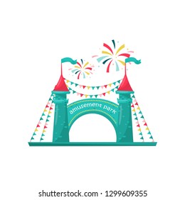 Entrance to children amusement park. Two brick towers with sign and decorated with bunting flags. Flat vector design