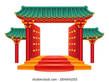 Entrance, Chinese gate with green bamboo roof isolated temple with decorative columns and pillars. Pagoda building, open door and red carpet. Japanese house, ancient oriental palace, asian pavilion
