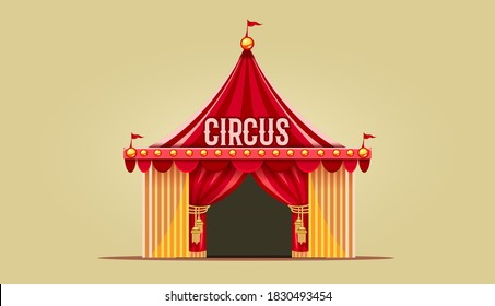 Entrada de marquesina de circo con cortinas rojas, bombillas y bandera. Ilustración vectorial Eps10.