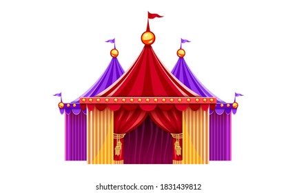 Entrance of circus marquee tents with red curtains, bulbs and flag. Eps10 vector illustration isolated on white transparent background.
