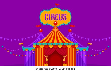 Entrance of circus marquee tents with red curtains, bulbs and flags on purple background. Festival mood. Entertainment art for kids. Simple flat. Vector illustration.