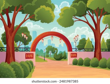 Entrada al parque de la ciudad con árboles verdes y farolas y rascacielos en el fondo. Vector urbano, paisaje de verano o primavera. Ilustración plana del estilo de dibujos animados