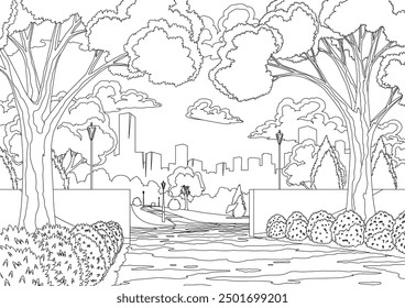 Entrance to city park with trees and street lamps and skyscrapers on background in coloring style. Vector urban garden, summer or spring scenery. Flat cartoon illustration