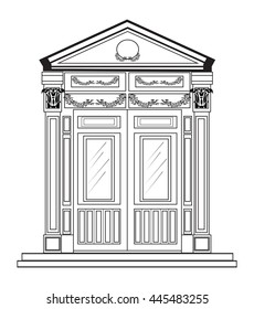 Entrance in classic style. Vector architectural facade. Wire frame drawing of classic building. Vector architectural template background
