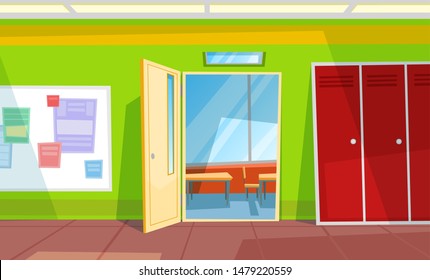 Entrance in classroom, locker and whiteboard with paper. Desktop with chair, educational place, nobody auditory or schoolroom in green color vector. Back to school concept. Flat cartoon