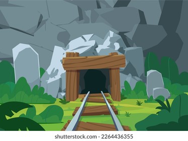 Entrance to a coal mine with a track for trolleys, flat vector illustration. Natural landscape background with abandoned mining mine for gold or coal.