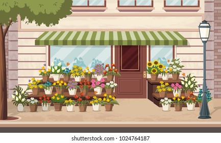 Entrance of a colorful flower shop.