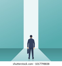 Entrance concept. Way forward businessman in suit stands in front of door in wall. Look into future. Business metaphor. Direction achieve goal. Vector illustration flat design. Isolated on background.