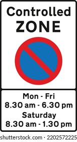 Entrance to controlled parking zone, The Highway Code Traffic Sign, Signs giving orders, Signs with red circles are mostly prohibitive. Plates below signs qualify their message.