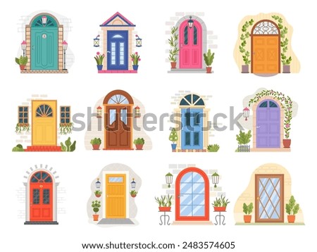 Entrance design. Doors decorated template recent vector cozy entrance pictures set