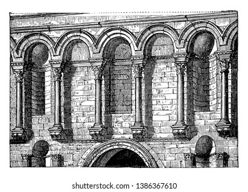 Entrance Façade of Diocletian's Palace, Diocletian at Spalatro, the introduction of small shafts resting on brackets,  niches of various shapes, vintage line drawing or engraving illustration.