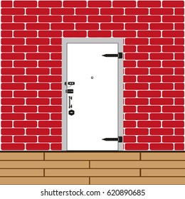 Entrance door in a brick wall. Vector illustration.
