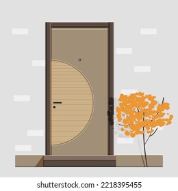 The entrance door is brown in color with a curved linear element, a handle and a peephole and a lock. Stairs to the door and a brick wall near which there is a tree. Vector illustration isolated on gr