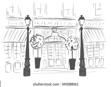 Entrance door of european boutique or restaurant. Street, front of building and lanterns. Ink hand drawn outline sketch isolated on white