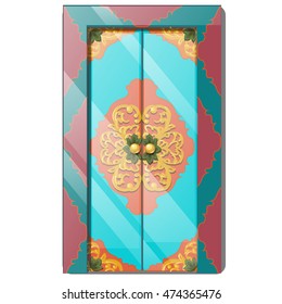 Entrance door with exquisite ornamentation. Vector illustration.