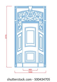 Entrance Door gate  vector iron work blue paint with dimension on the white background