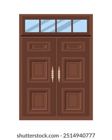 Porta de entrada para casa. Arquitetura e engenharia. Propriedade privada e imobiliária. Marrons de madeira entram em casa ou no escritório. Cartaz ou banner. Ilustração de vetor plano isolada no plano de fundo branco