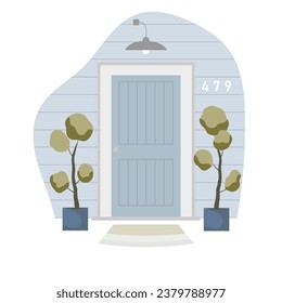 Entrance door of the house. Enclosed entrance to the house from the outside with potted plants, a lamp and a rug. Cozy doorway blue facade from the street. Flat vector illustration isolated on white b