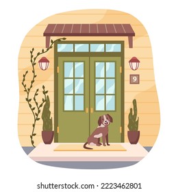 Entrance door to house, isolated porch with houseplants, number of home and puppy sitting on mat. Building exterior and front view of apartment. Vector in flat style