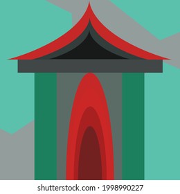 
entrance door illustration, gate isolated on blue background, gate with green and red roof