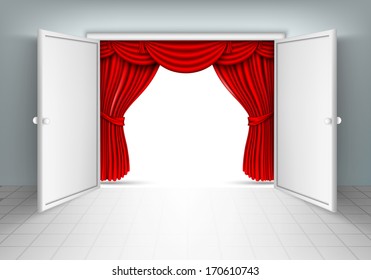 entrance door with red curtain