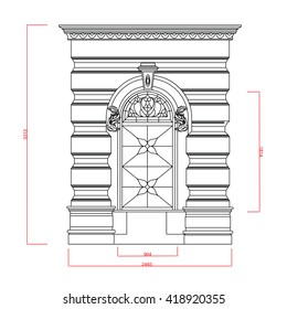 Entrance door and window vector line work with dimension on white background
