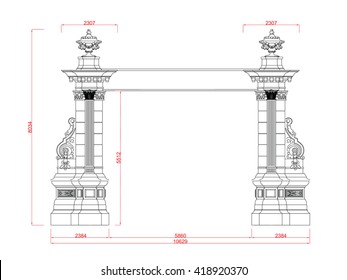 Entrance door and window vector line work with dimension on white background