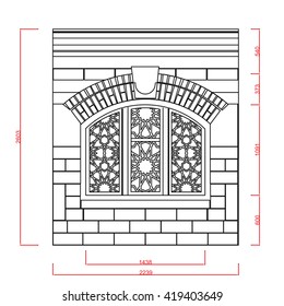 Entrance door and window vector line work with dimension on white background