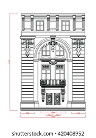 Entrance door and window vector line work with dimension on white background