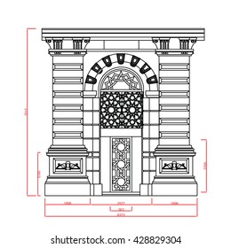 Entrance door and window vector line work with dimension on white background