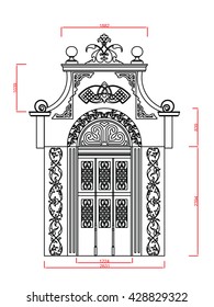 Entrance door and window vector line work with dimension on white background