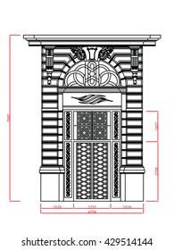 Entrance door and window vector line work with dimension on white background