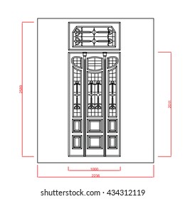 Entrance door and window vector line work with dimension on white background