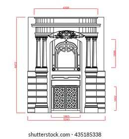 Entrance door and window vector line work with dimension on white background