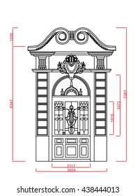 Entrance door and window vector line work with dimension on white background
