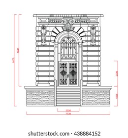 Entrance door and window vector line work with dimension on white background