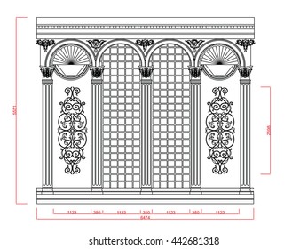 Entrance door and window vector line work with dimension on white background