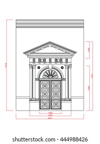 Entrance door and window vector line work with dimension on white background