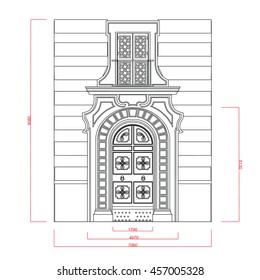 Entrance door and window vector line work with dimension on white background