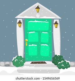 Entrance door in the winter in snowfall