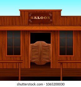 Entrance doors facade realistic 3d composition with vintage american building with sign board and wooden doors vector illustration