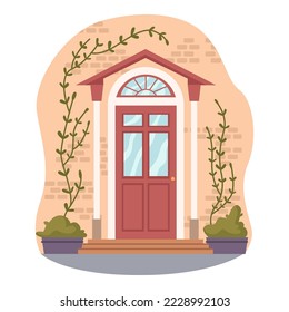 Entrance doors of house, home porch with decoration. Pots with plants and weaving flowers with leaves. Porch exterior front view design. Vector in flat style