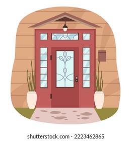 Entrance doors of house, isolated porch or pathway leading to home. Houseplants decoration and green grass lawn, Exterior and front view. Vector in flat style