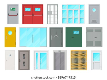 Entrance doors isolated vector icons. Cartoon interior and exterior design elements for room or office decoration, glass, metal or plastic doorways doorknobs and grates and windows, closed doors set