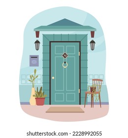 Entrance doors with porch, chair for resting outside. Decorative pots and flowers, lanterns hanging from roof. Exterior and front view of home. Vector in flat style